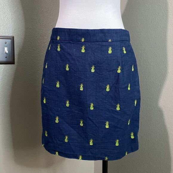 J. Crew Basketweave Cotton Mini Skirt Navy Blue Pineapple Print A0111 - Picture 3 of 11
